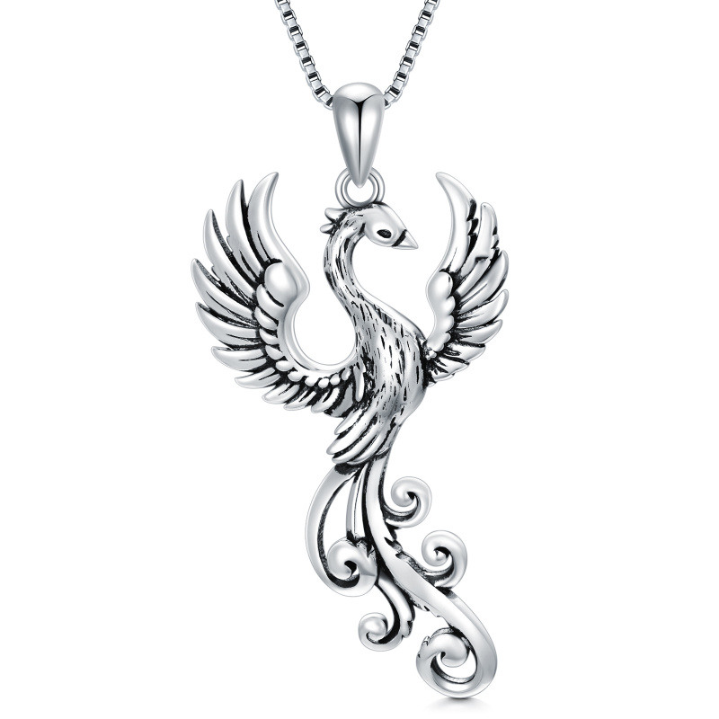 Collar de plata de ley con colgante Fénix y cadena de caja-9