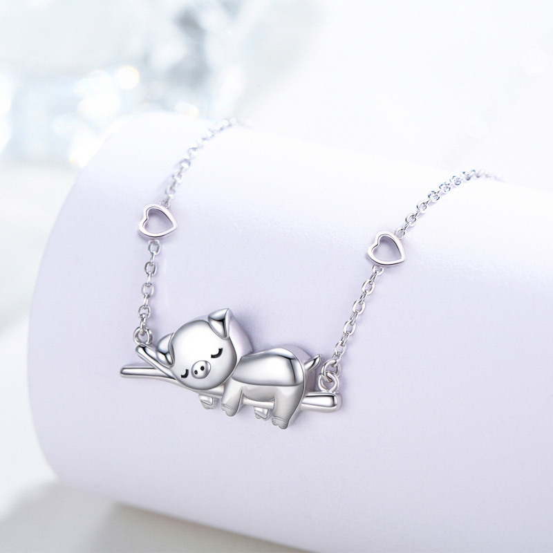 Bracelet en argent sterling avec pendentif cochon et coeur-4