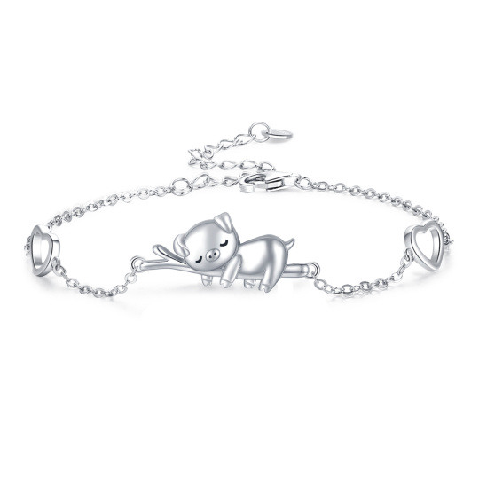 Sterling Silver Pig & Heart Charm Bracelet