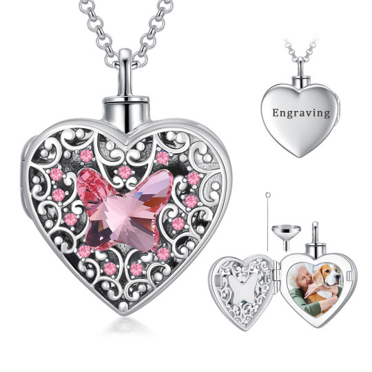 Collar de urna de corazón con foto personalizada con grabado personalizado de cristal rosa de plata de ley para cenizas para mujer