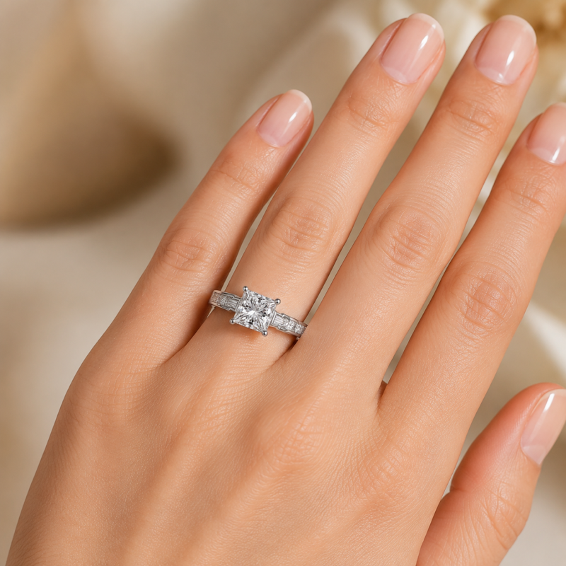 Verlobungsring aus Sterlingsilber mit Prinzessschliff, im Labor gezüchteten Diamanten und Seitensteinen in Kanalfassung-2