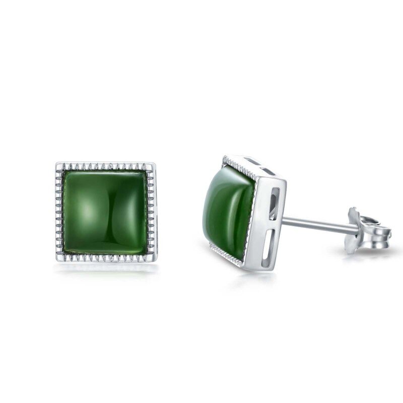 Sterling Silver Princess-square Shaped Jade Square Stud Earrings-15