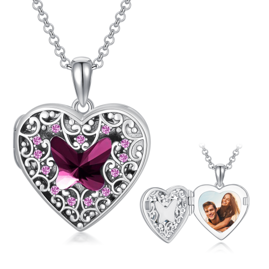 Collier avec médaillon photo personnalisé en argent sterling avec papillon violet et cœur en cristal pour femme