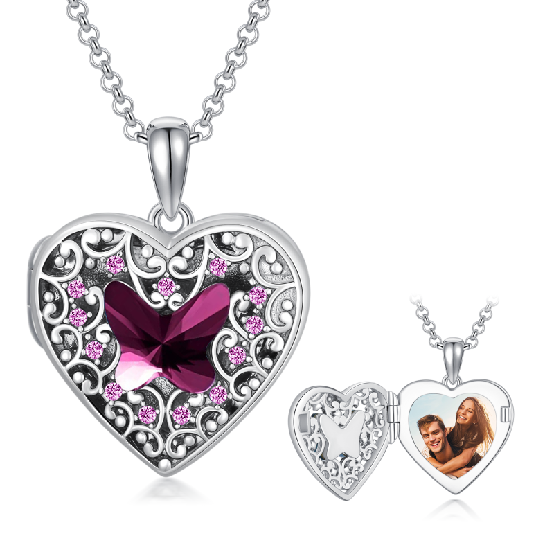 Sterling Silber lila Schmetterling Kristall Herz personalisierte Foto Medaillon Halskette für Frauen-20