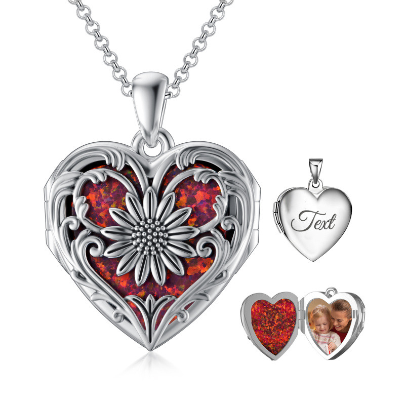 Collier médaillon photo personnalisé en argent sterling avec opale rouge, tournesol et cœur, gravé et orné d'une opale rouge.-1