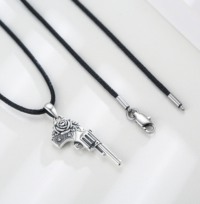 Sterling Silver Rose & Gun Pendant Necklace-2