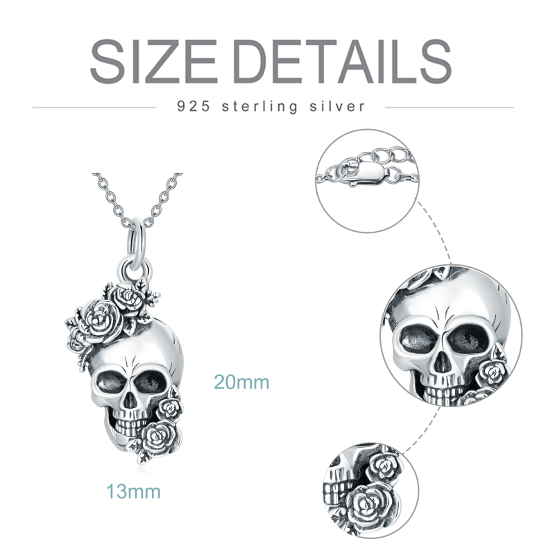 Sterling Silver Rose & Skull Pendant Necklace-4