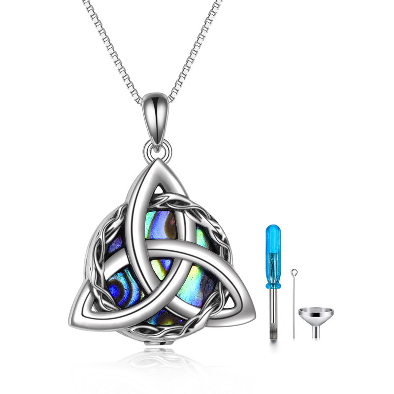 Collier rond en argent sterling avec nœud celtique et coquillages et coquillages pour cendres avec mot gravé-1