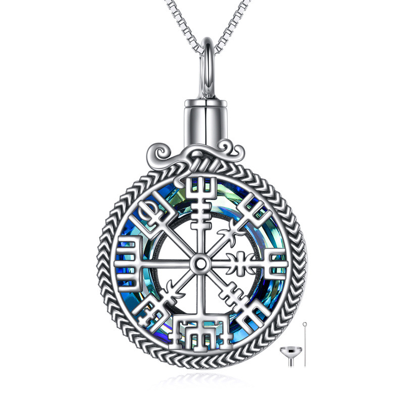 Sterling Silver Round Crystal Compass & Viking Rune Urn Necklace for Ashes-18