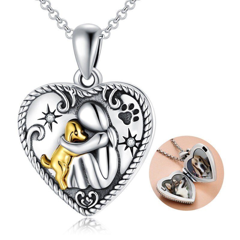Collar con medallón de foto personalizado con forma de corazón de perro y circonita cúbica redonda de plata de ley con palabra grabada-2