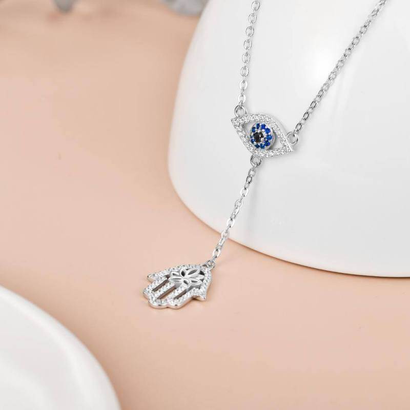 Collar en forma de Y no ajustable de plata de ley con circonita cúbica redonda, ojo de mal-3