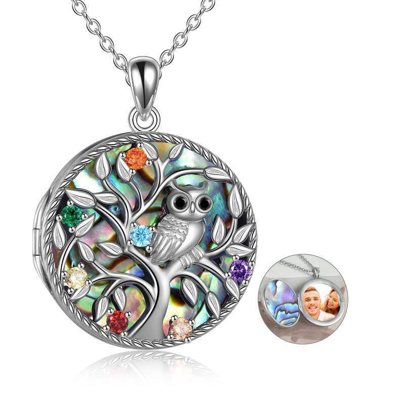Srebrny naszyjnik z okrągłym szlifem cyrkonii sześciennej Sowa Drzewo Życia z personalizowanym zdjęciem i wygrawerowanym słowem-4