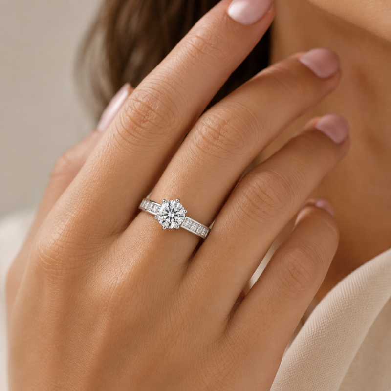 Bague de fiançailles en argent sterling avec diamant rond de laboratoire serti en canal et pierres latérales-2