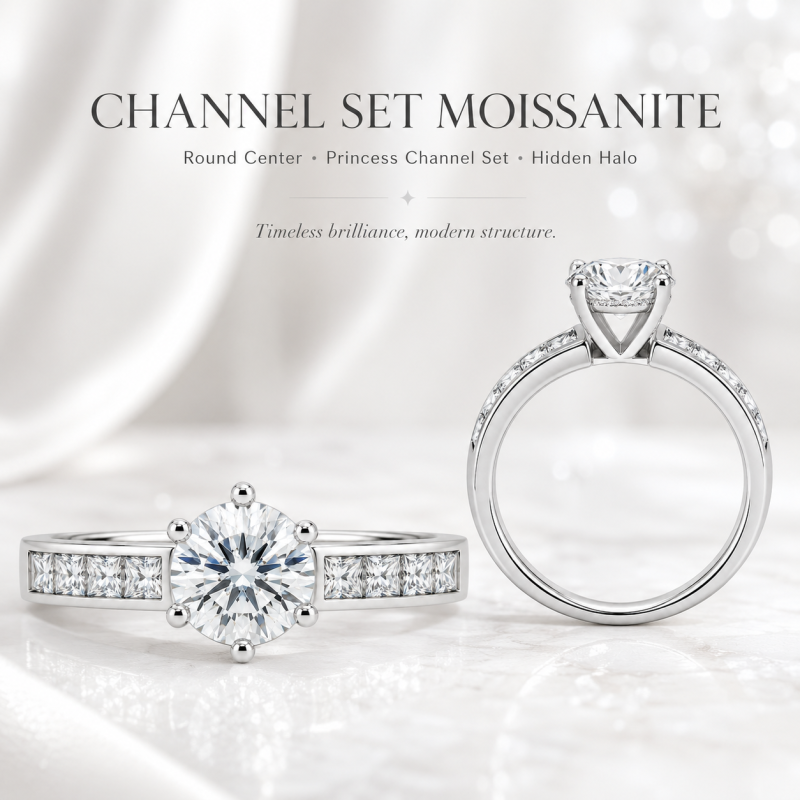 Bague de fiançailles en argent sterling avec diamant rond de laboratoire serti en canal et pierres latérales-4