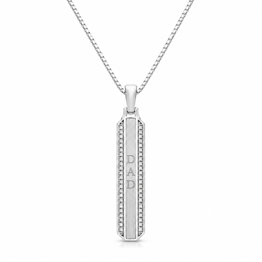 Sterling Silver Round Cut Moissanite Engravable Bar Necklace for Men