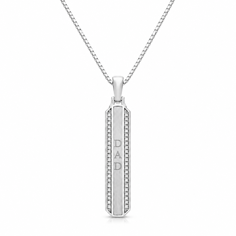 18K White Gold Round Cut Moissanite Engravable Bar Necklace for Men-1