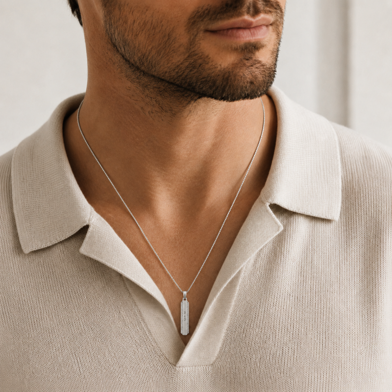 18K White Gold Round Cut Moissanite Engravable Bar Necklace for Men-2