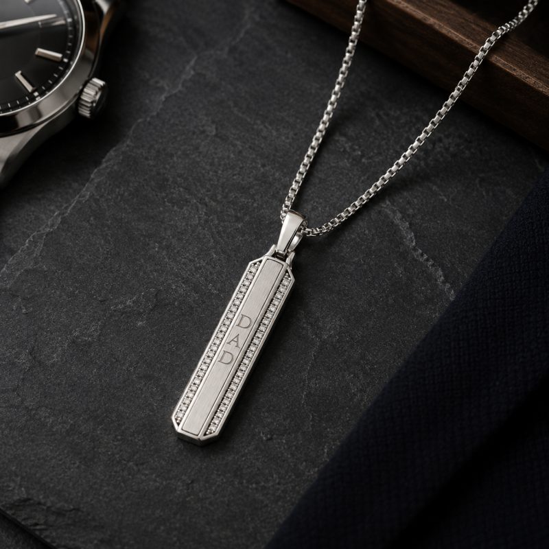 18K White Gold Round Cut Moissanite Engravable Bar Necklace for Men-3