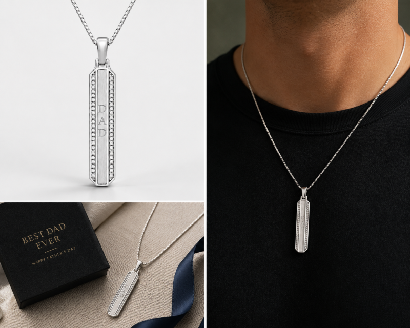 18K White Gold Round Cut Moissanite Engravable Bar Necklace for Men-4