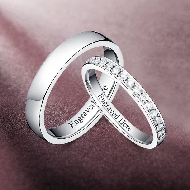 10K White Gold Round Cut Engravable & Couple Engagement Ring-3