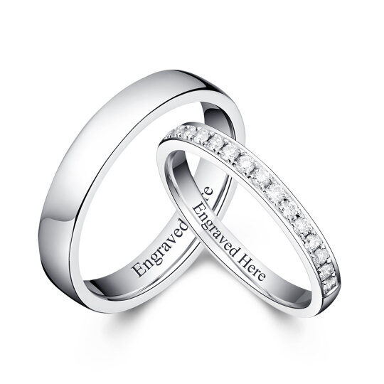 Anillo de compromiso para parejas, en oro blanco de 14 quilates, con corte redondo y grabable