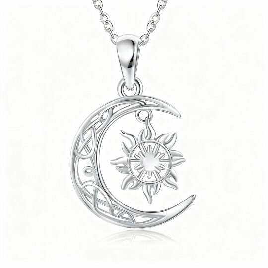 Sterling Silver Round Cut Moonstone Moon & Sun Pendant Necklace