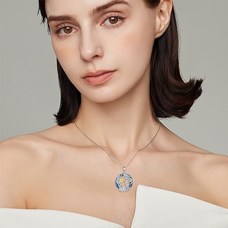 スターリングシルバー ラウンド ハミングバード＆生命の木 クリスタルペンダントネックレス-2