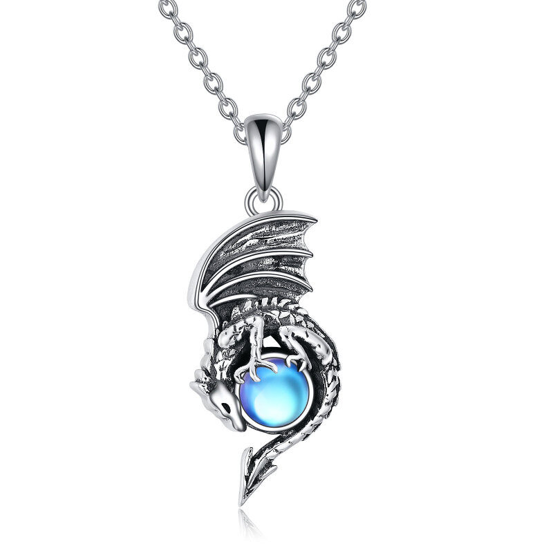Collar Urna Dragón Piedra Lunar Redonda Plata de Ley-4