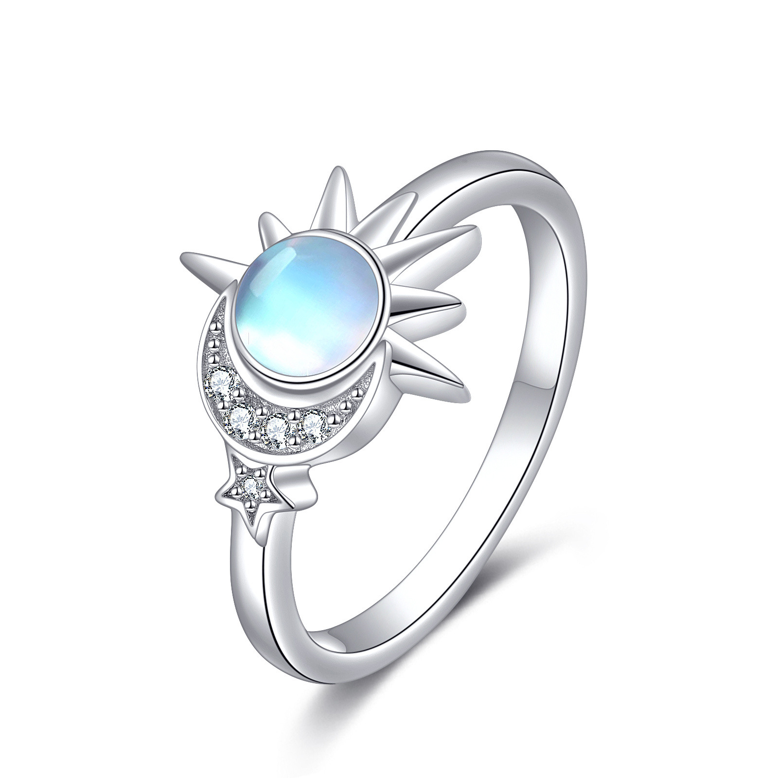 Sun Riag Sterling Silver Round Moonstone Moon & Sun Ring