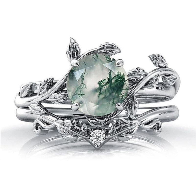 Sterling Silver Round Moss Agate & Personalized Engraving Leaves Engagement Ring-3