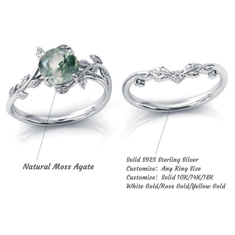 Sterling Silver Round Moss Agate & Personalized Engraving Leaves Engagement Ring-4
