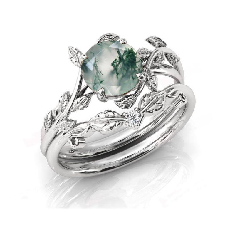 Sterling Silver Round Moss Agate & Personalized Engraving Leaves Engagement Ring-1