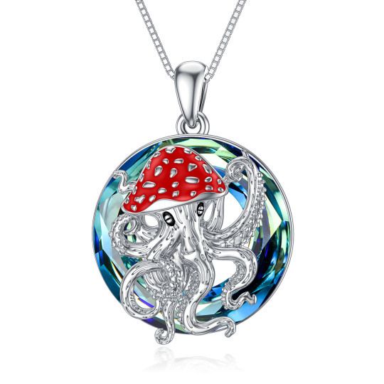 Sterling Silver Round Octopus & Mushroom Crystal Pendant Necklace