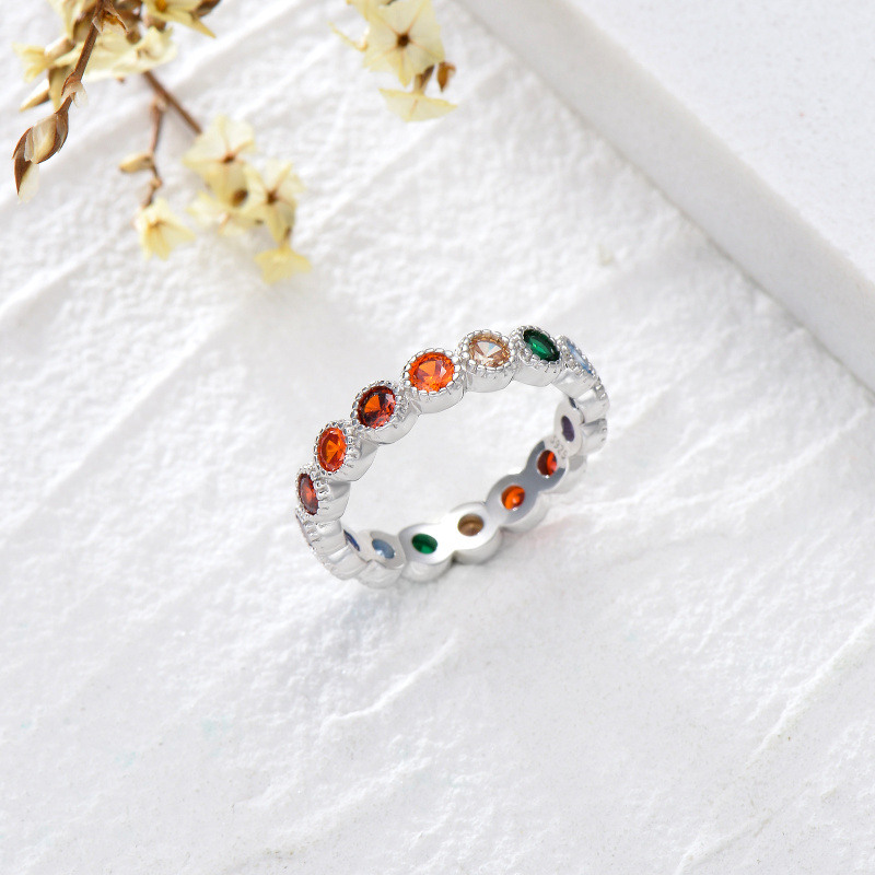 Bague arc-en-ciel en argent sterling avec zircone cubique de forme circulaire-4