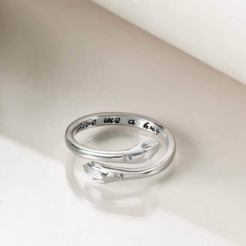 Sterling Silver Round Shaped Cubic Zirconia Hug Open Ring with Engraved Word-3