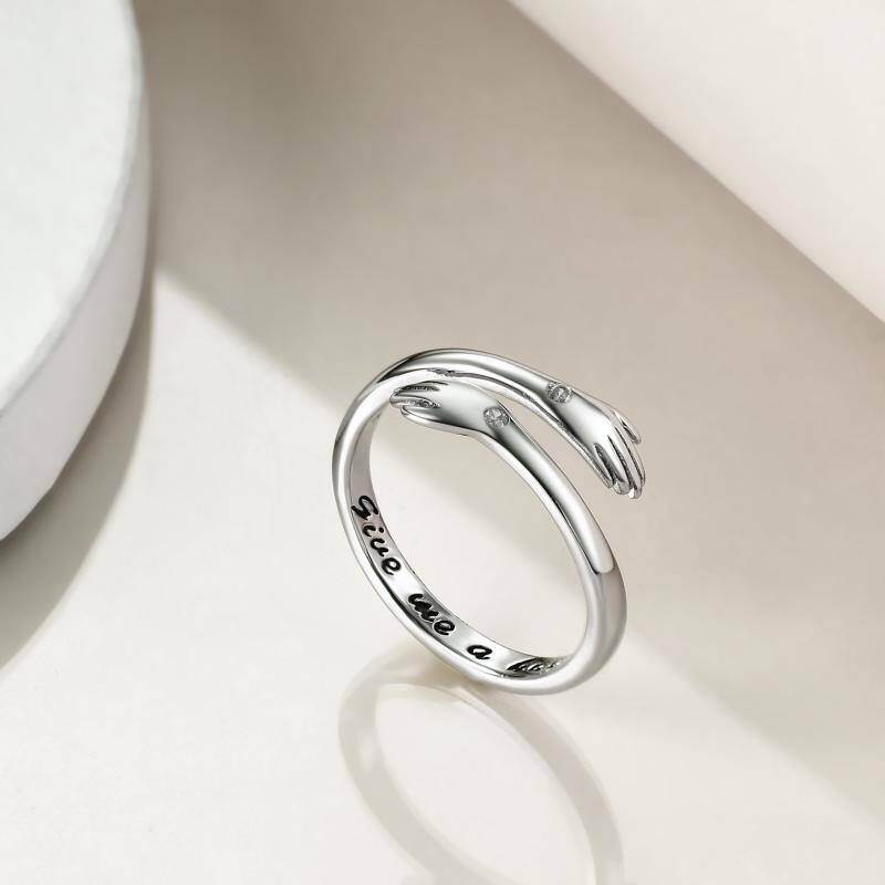 Sterling Silver Round Shaped Cubic Zirconia Hug Open Ring with Engraved Word-4