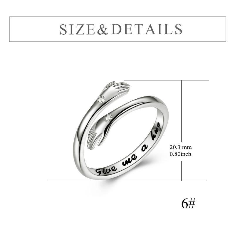 Sterling Silver Round Shaped Cubic Zirconia Hug Open Ring with Engraved Word-5