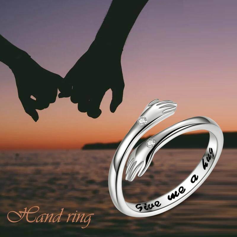 Sterling Silver Round Shaped Cubic Zirconia Hug Open Ring with Engraved Word-6