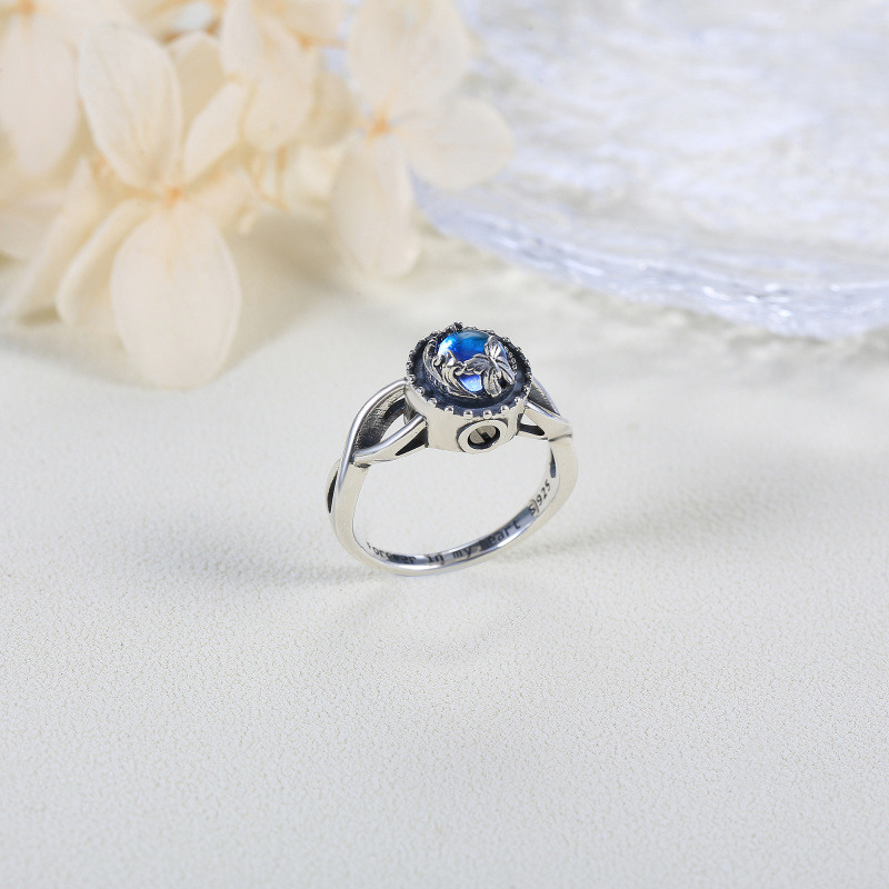 Sterling Silver Round Shaped Moonstone Butterfly Urn Ring with Engraved Word-3