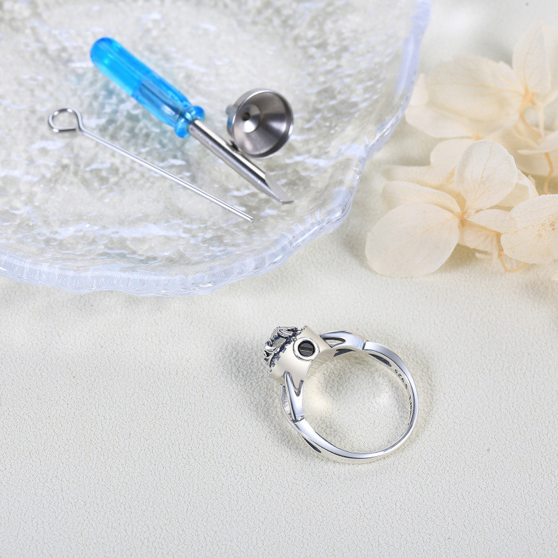 Sterling Silver Round Shaped Moonstone Butterfly Urn Ring with Engraved Word-4