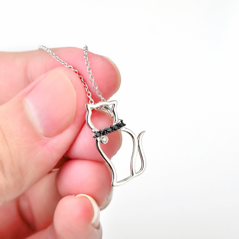 Sterling Silber Runde Zirkon Katze Anhänger Halskette-5