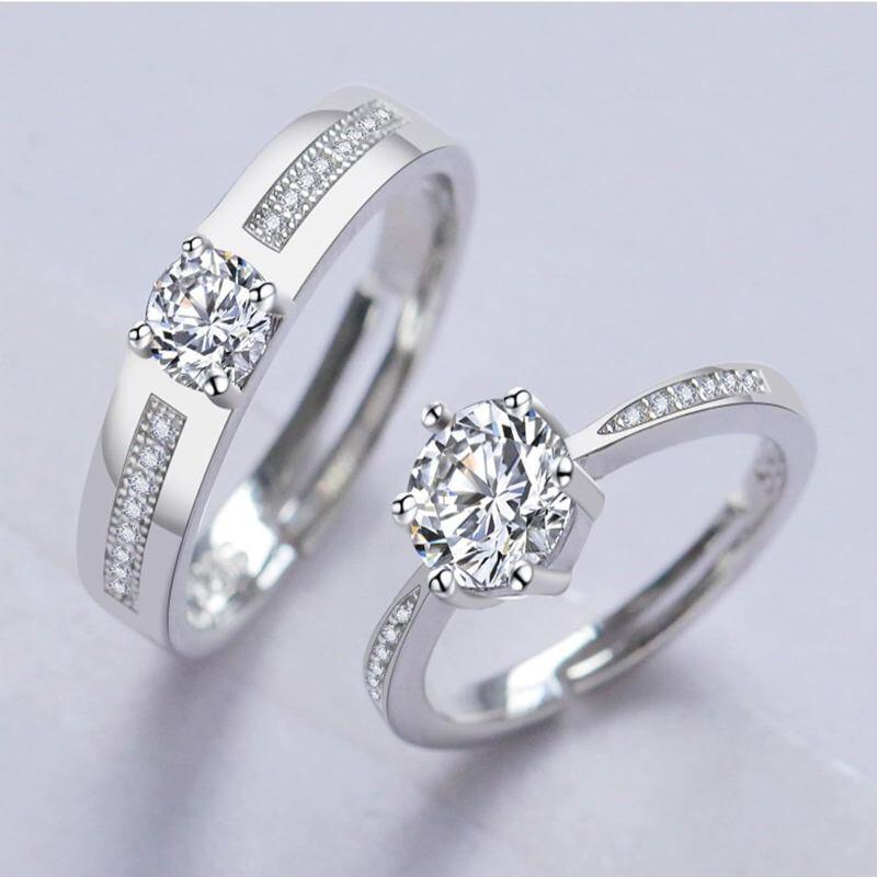 Bagues de couple en argent sterling avec zircon rond-4