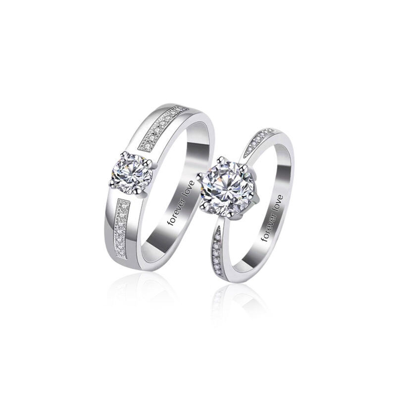 Anillos de pareja de plata de ley con circonitas redondas-3