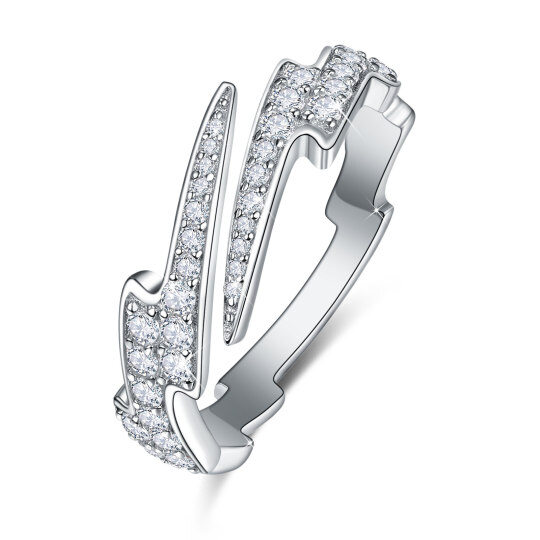 Anillo abierto con relámpago y circonita redonda en plata de ley