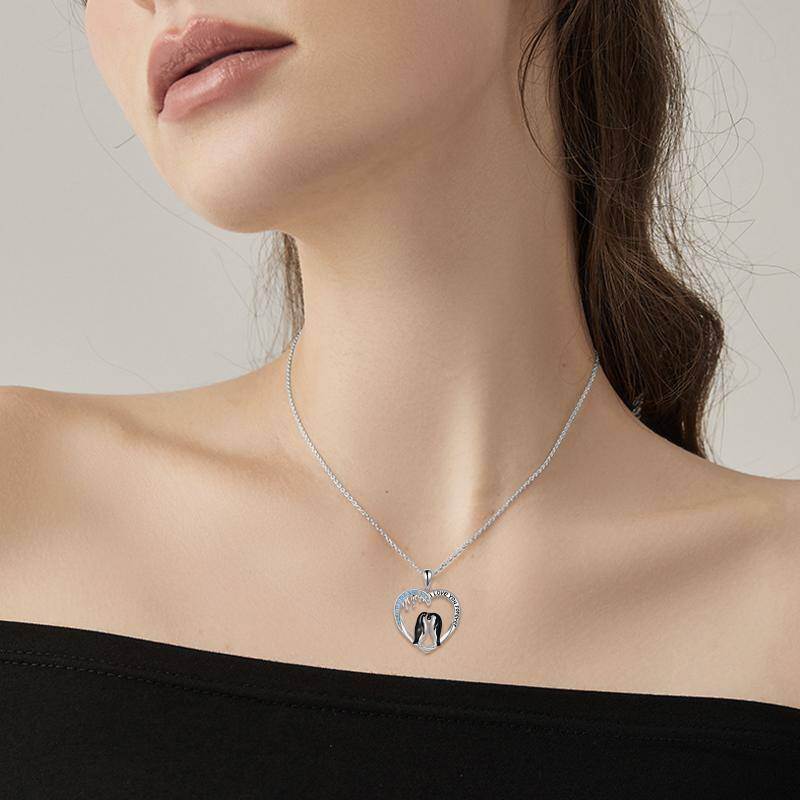 Sterling Silber Runde Zirkon Pinguin & Herz-Anhänger Halskette mit eingraviertem Wort-2