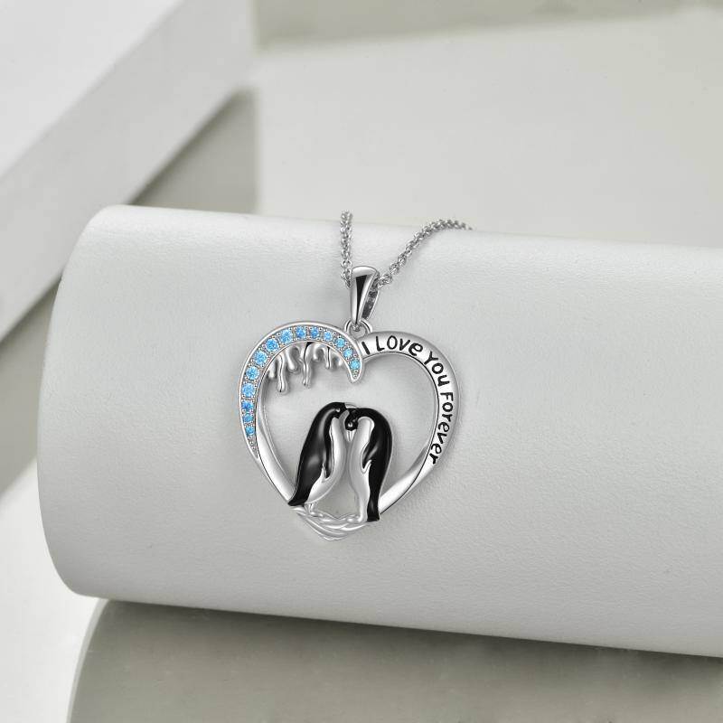 Sterling Silber Runde Zirkon Pinguin & Herz-Anhänger Halskette mit eingraviertem Wort-4