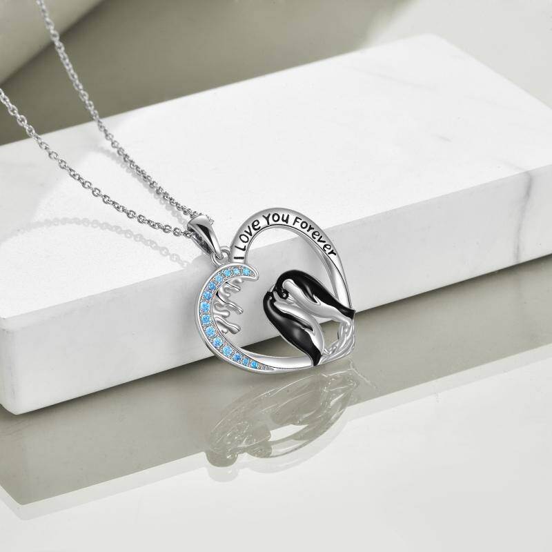 Sterling Silber Runde Zirkon Pinguin & Herz-Anhänger Halskette mit eingraviertem Wort-5