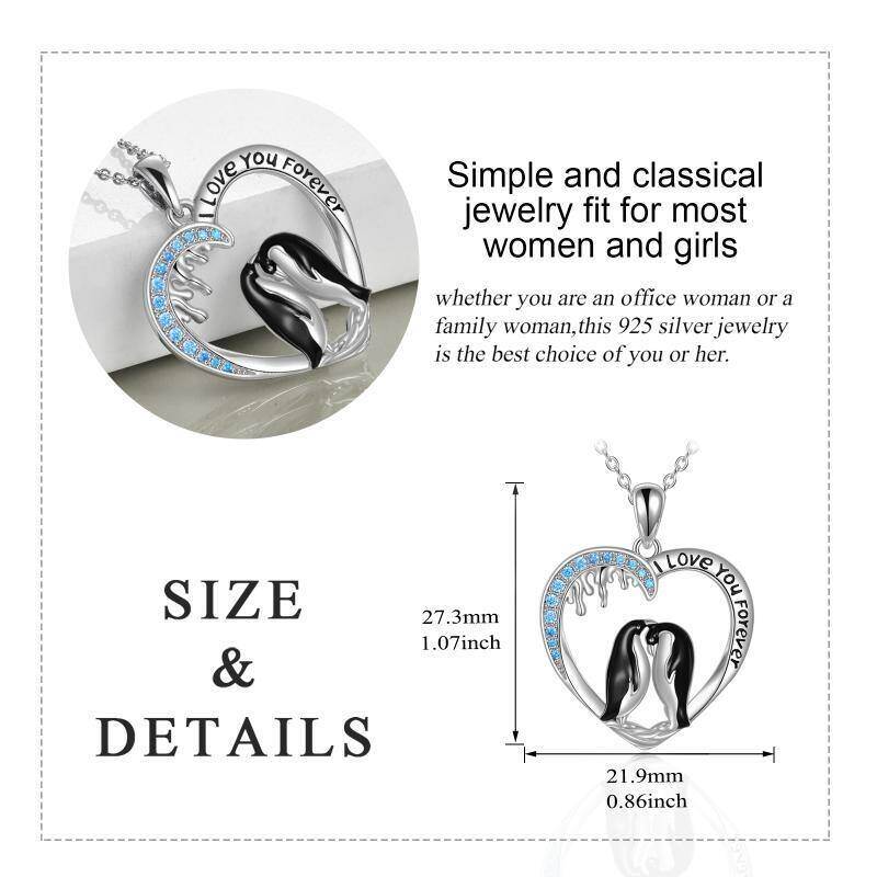 Sterling Silber Runde Zirkon Pinguin & Herz-Anhänger Halskette mit eingraviertem Wort-6