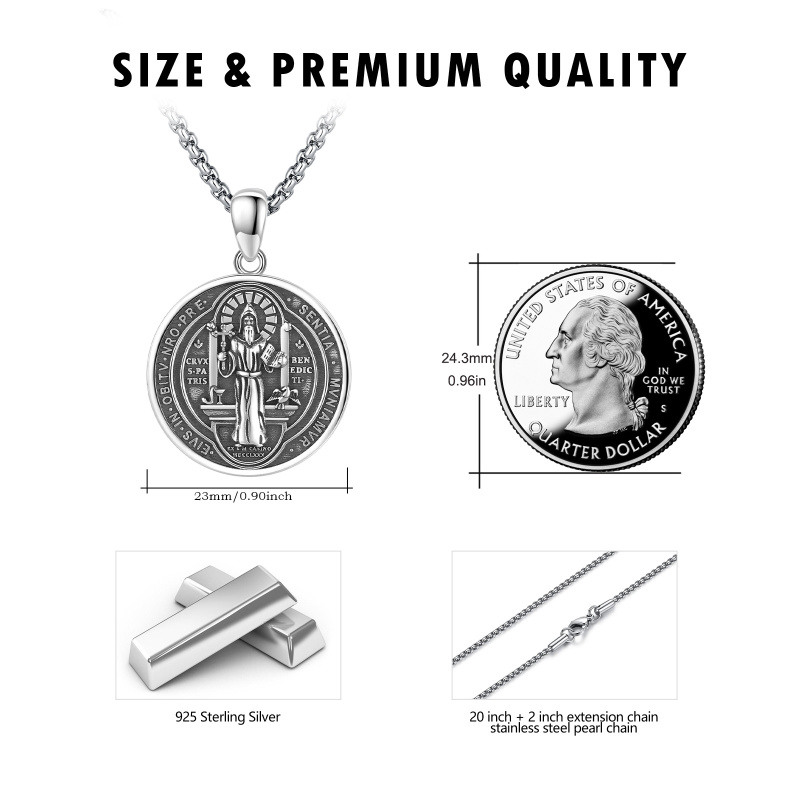 Sterling Silver Saint Benedict Pendant Necklace for Men