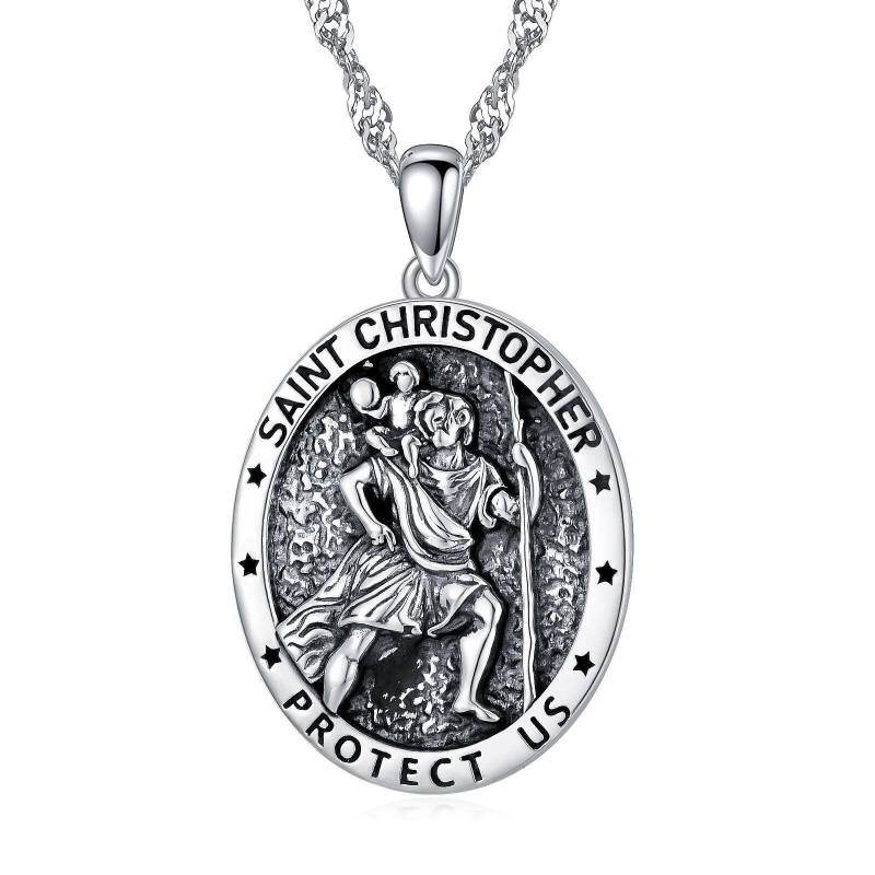 Sterling Silver Saint Christopher Pendant Necklace for Men with Singapore Chain-12